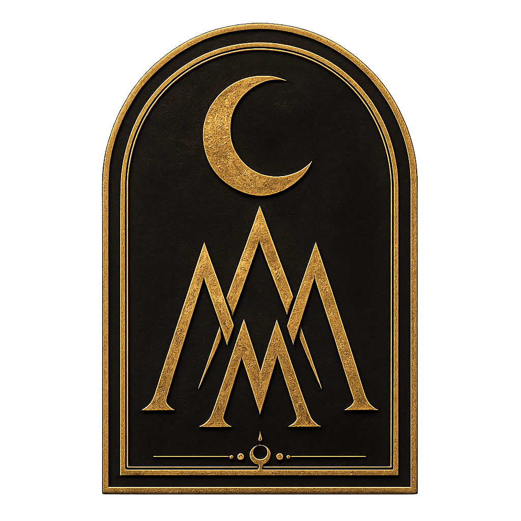 The Moonlight Mystery Mansion crest — an arched gold plaque with a crescent moon above the MMM peaks monogram