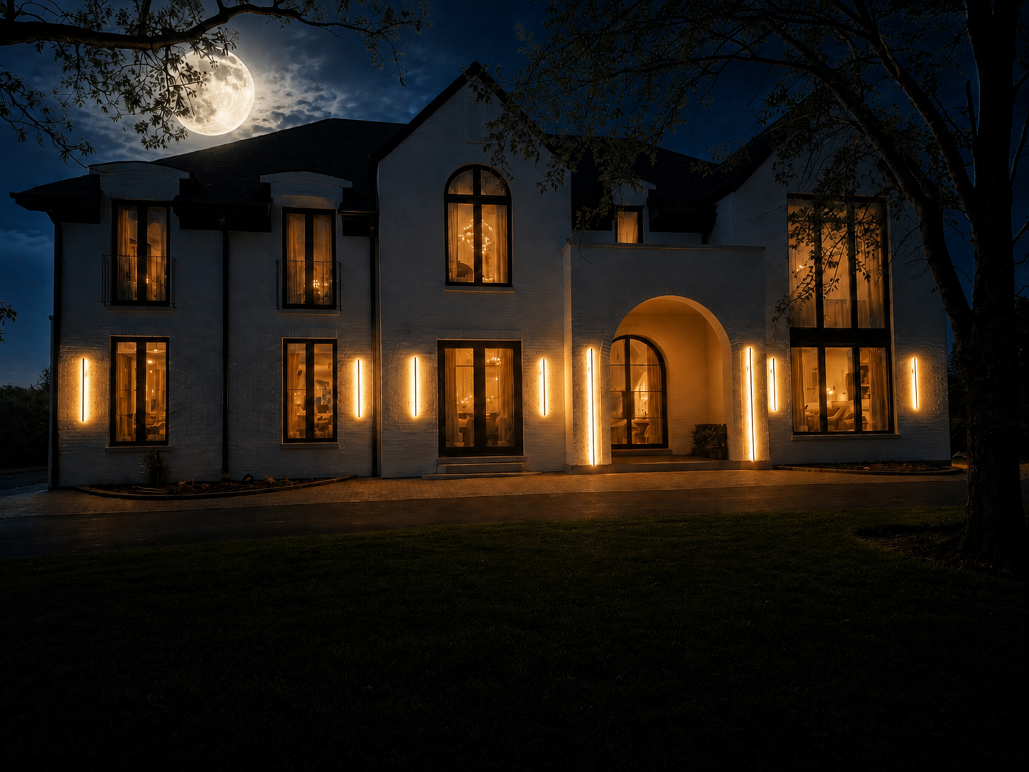 The Moonlight Mystery Mansion illuminated at night beneath a full moon