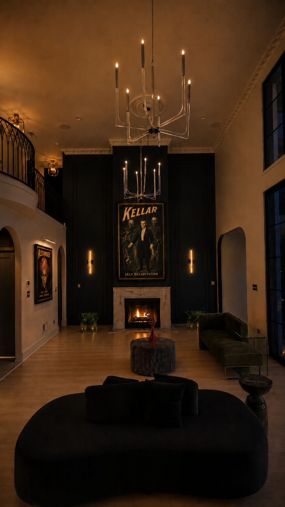 A dark lounge with a marble fireplace and vintage magic posters