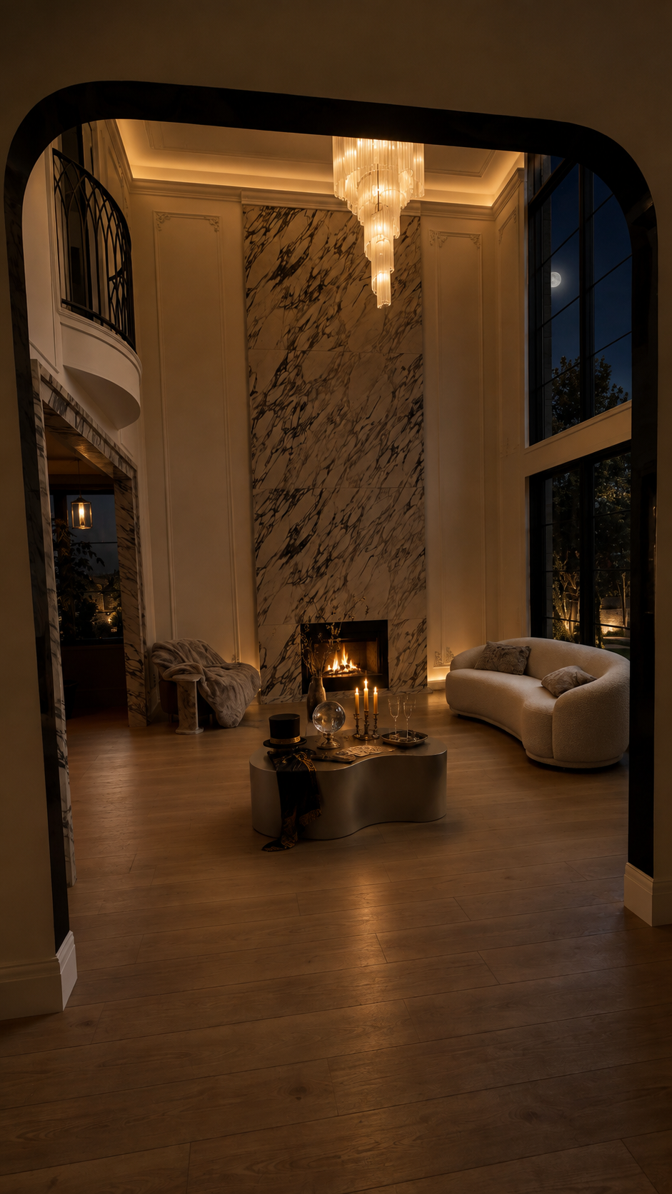 A candlelit mansion lounge with marble fireplace, crystal chandelier and moonlight through tall arched windows