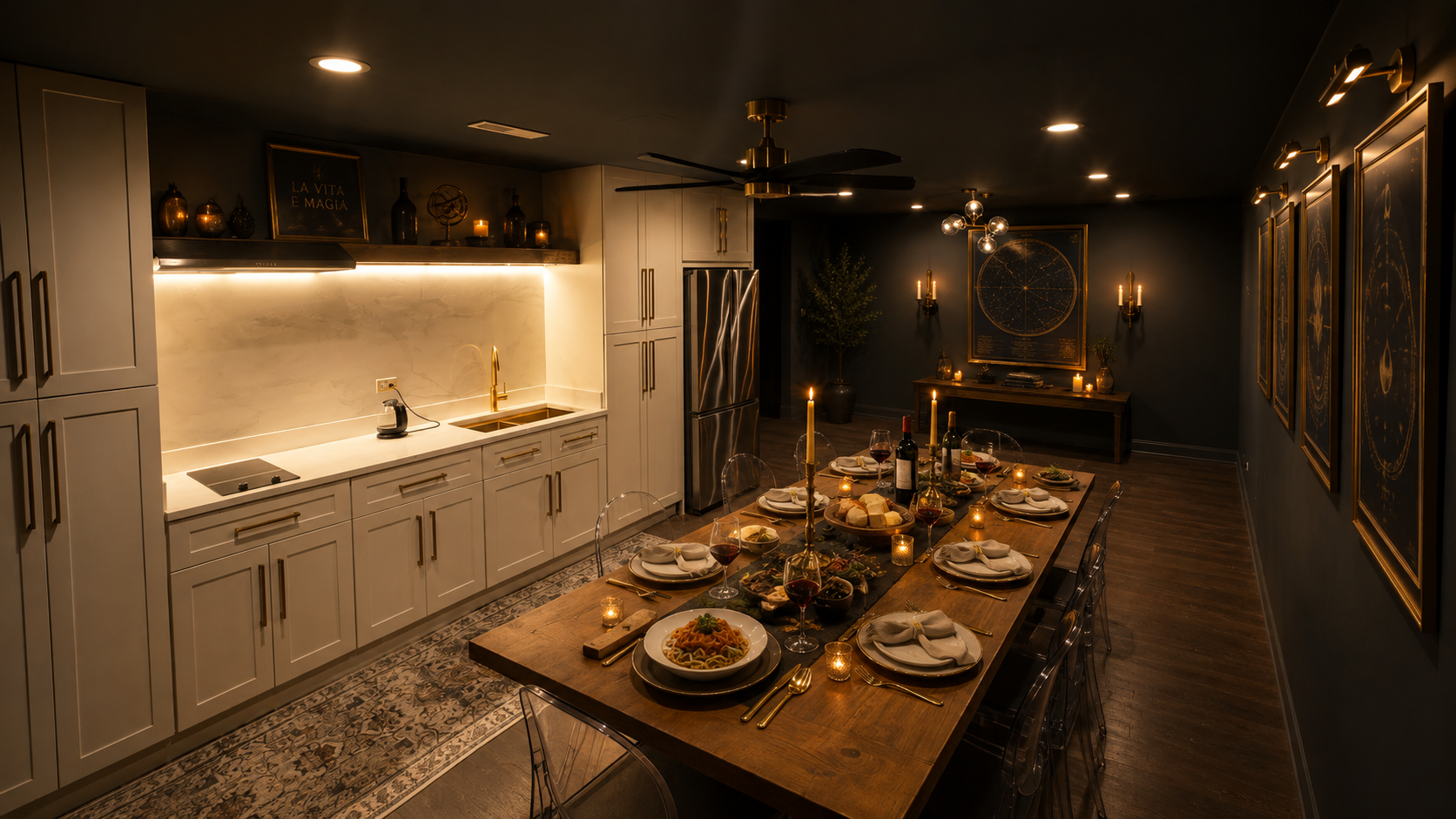 A candlelit private dining table set in the Mansion kitchen