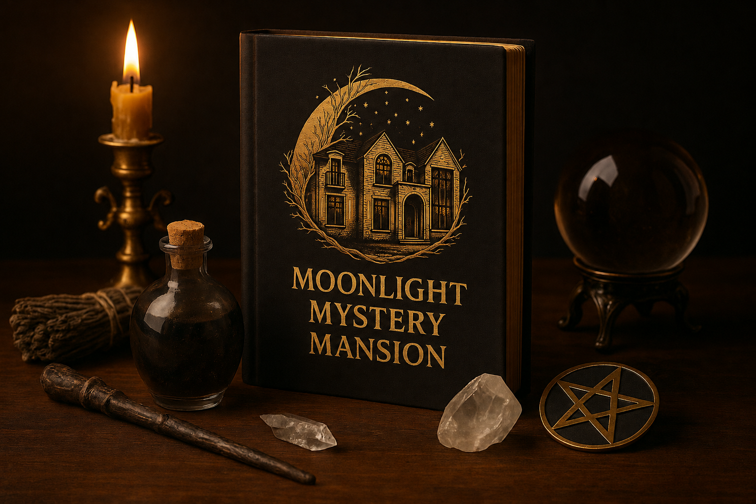 A closed black book bearing the Mansion crest beside a wand, crystals and a candle