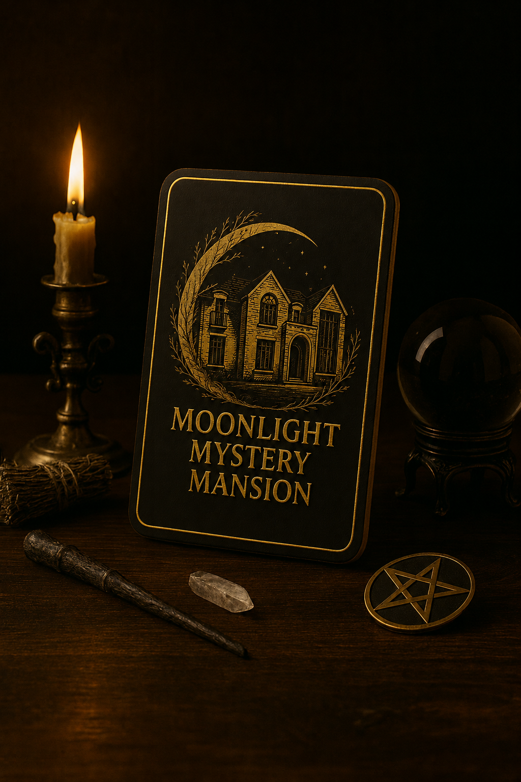 A Mansion card standing beside a candle and crystal ball