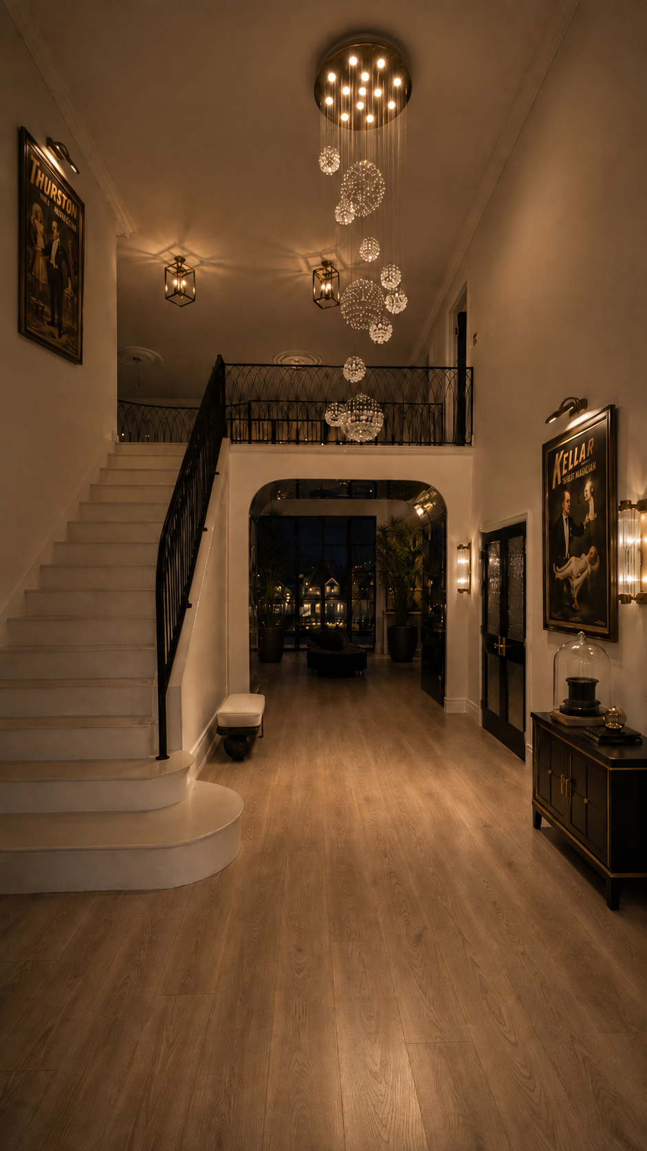 A white marble staircase beneath a crystal chandelier in the Mansion entryway