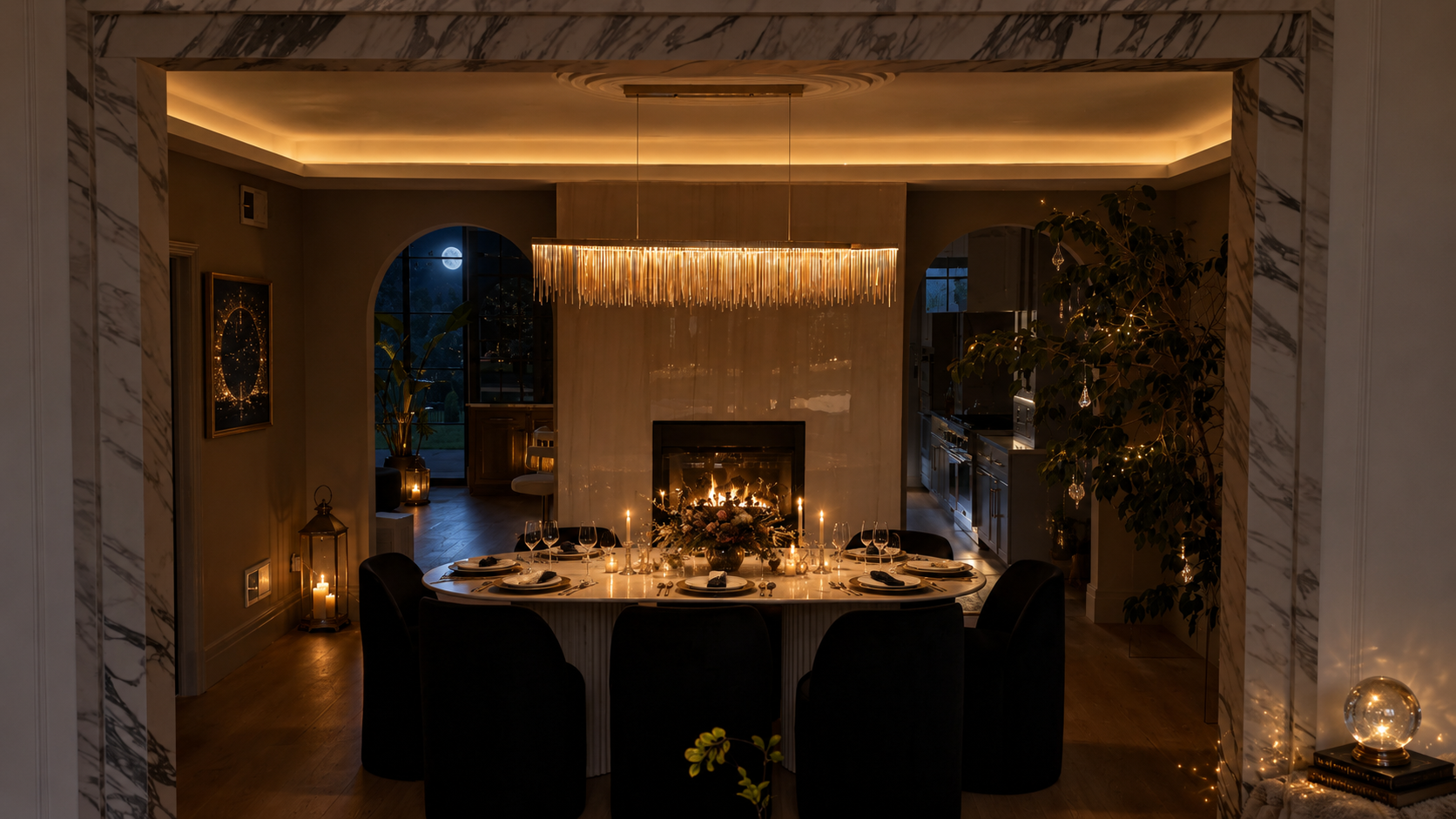 A candlelit oval dining table set beneath a crystal chandelier and a marble fireplace